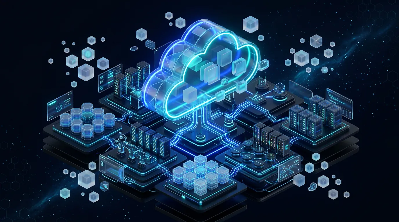 Ilustración de una arquitectura cloud con servidores, bases de datos y contenedores conectados
